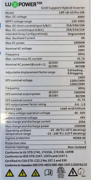 Lux Power LXP-LB-US-10K Label
